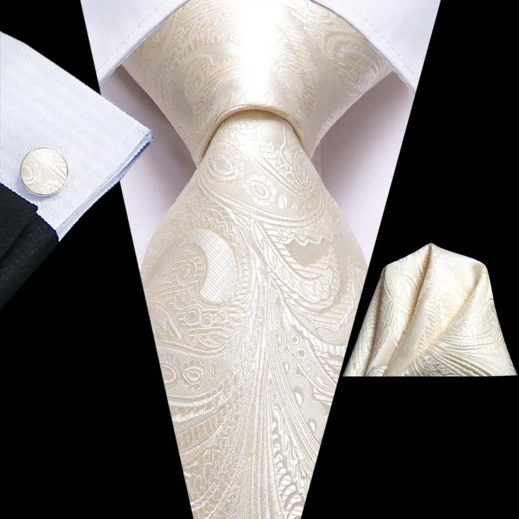 Ivory Champagne Paisley Wedding Tie For Men Handky Cufflink Gift Mens Necktie Fashion Design Business Party Dropship Hi-Tie