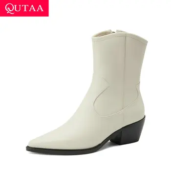 

QUTAA 2021 Pointed Toe Zipper Ankle Boots Autumn Winter Cow Leather Quality Women Shoes Square High Heel Short Boots Size 34-40