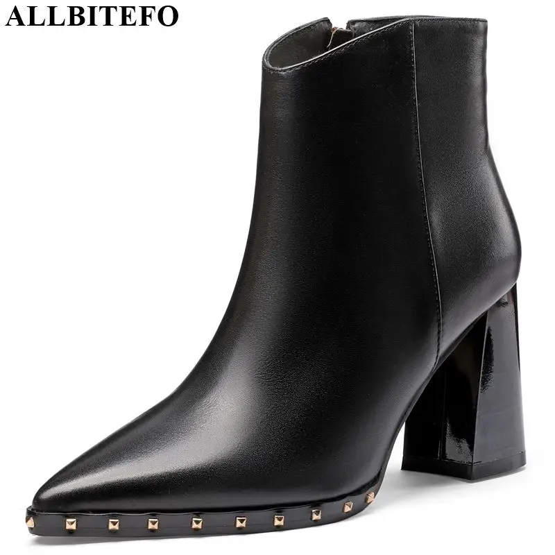 

ALLBITEFO real genuine leather women boots Autumn Winter Metal rivet ankle boots leisure comfortable high heel fashion boots