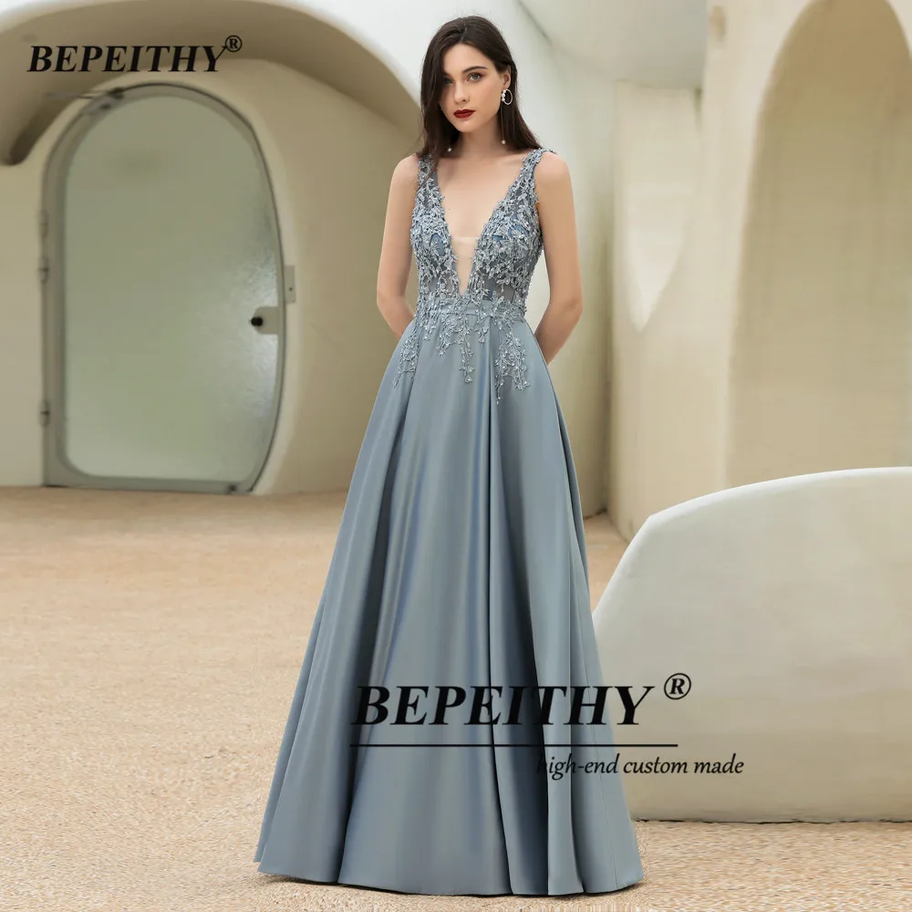 BEPEITHY A-Line Gray Blue Prom Dresses Long Evening Dress Elegant  Sleeveless V Neck Romantic Formal Dresses For Women 2023