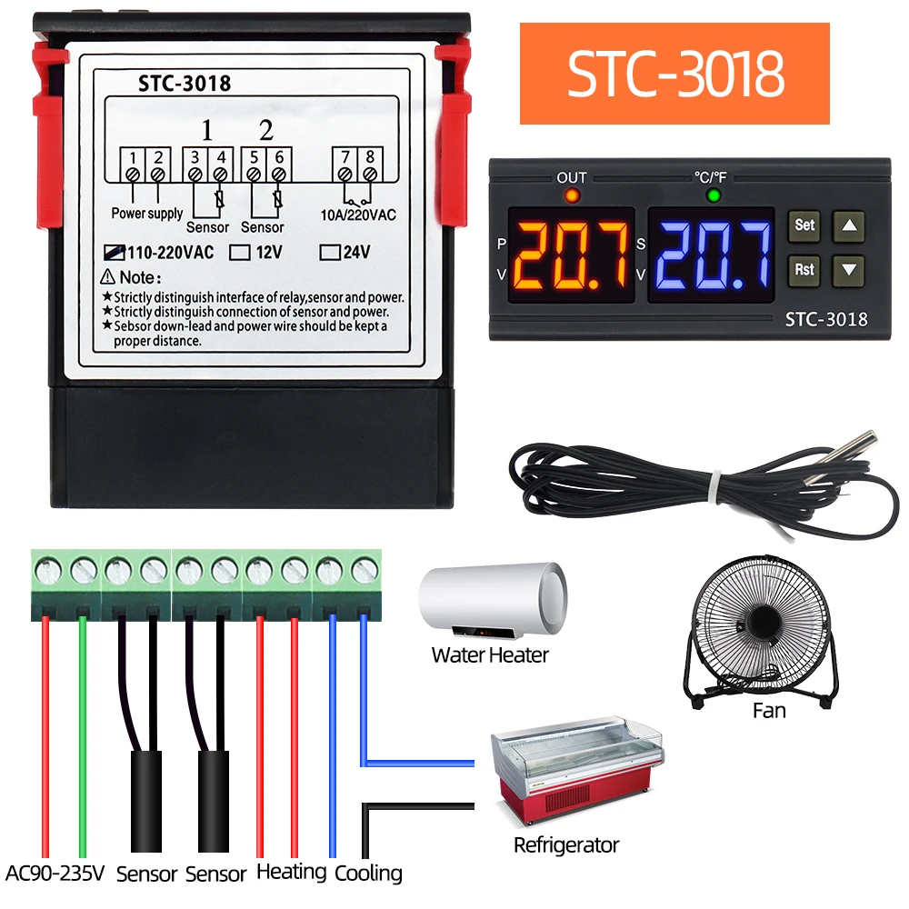 STC-3018 Dual Digital Thermostat Temperature Controller Switch 10A 12V 24V