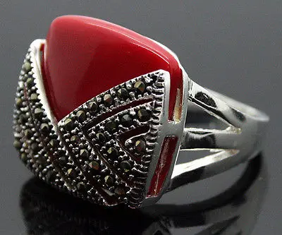 14*15mm Square Red Coral  Marcasite 925 Sterling Silver Ring Size 7/8/9/10