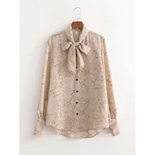 

Women Oversized Shirt Flowers Print Chiffon Bow Neck Long Sleeve 2021 Fashion Chic Crop Top T Shirt Lady Casual Loose Shirt