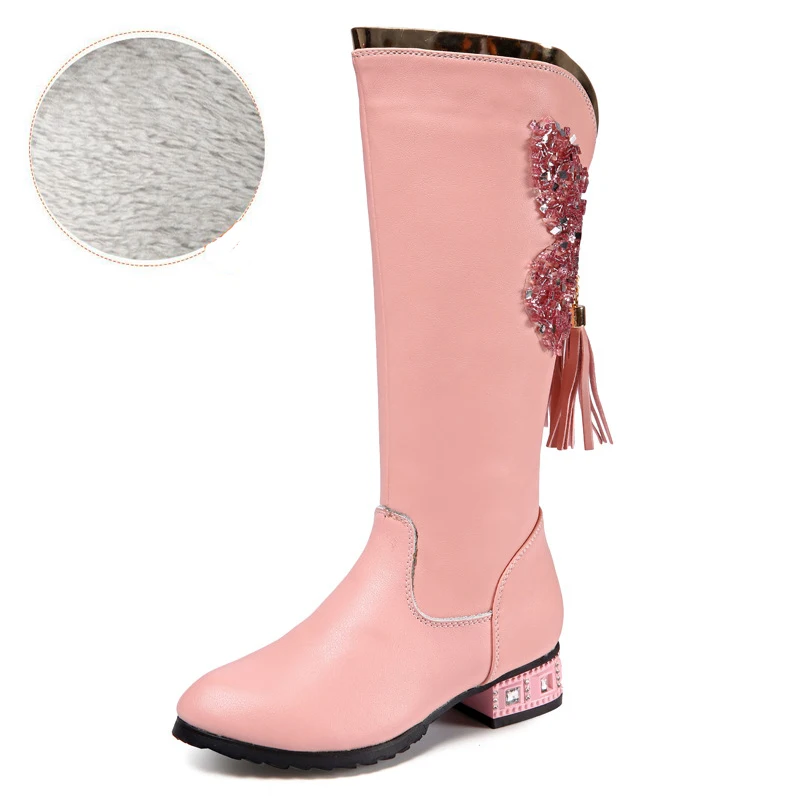 Высокие сапоги с бахромой для девочек; Size28-40; детские сапоги из натуральной кожи на низком каблуке; сезон зима-весна; обувь принцессы для свадебной вечеринки; стразы - Цвет: ThinPink