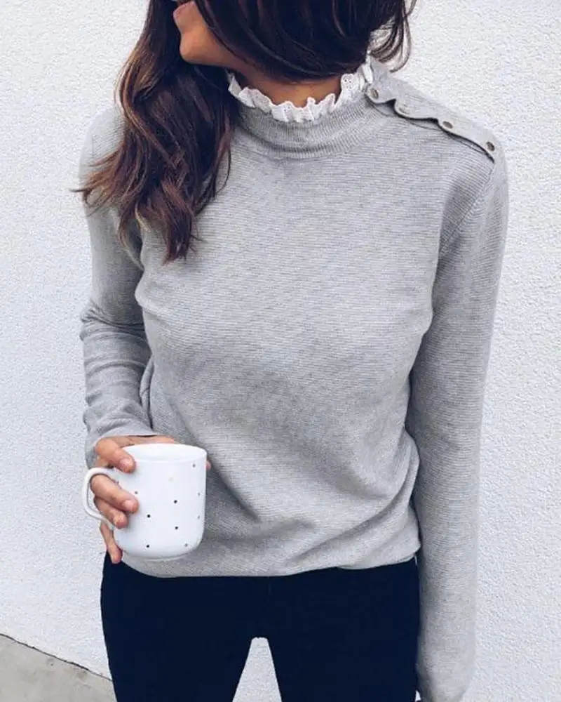 

Women Lace Mock Neck Button Detail Casual Blouse Tops Ladies Long Sleeve Brief Autumn Blouses