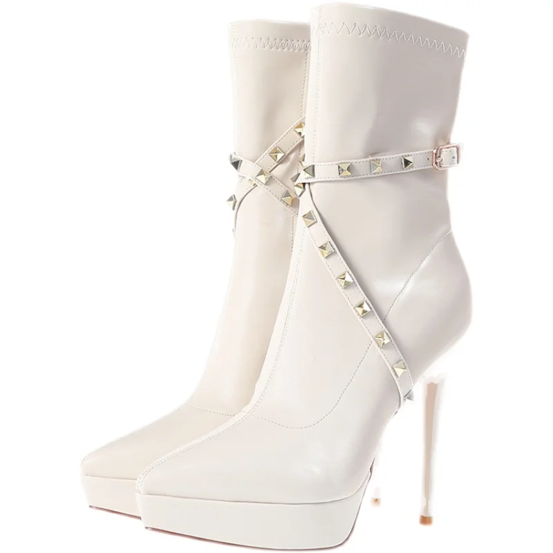 

2021 new short boots pointed high heels women's shoes rivet waterproof platform thin heel side zipper fashion middle tube boots