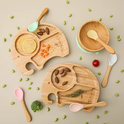 Prato de alimentação para bebês, tigela de qualidade alimentar, 1 conjunto de pratos de bambu, ventosa, prato infantil de elefante, pratos sólidos para treinamento