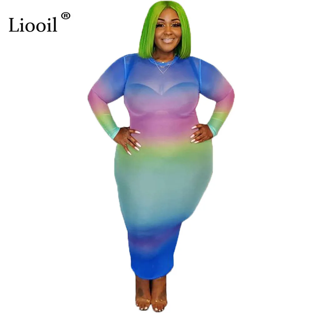 

Liooil Plus Size Sexy Tie Dye See Through Mesh Maxi Dress Women Long Sleeve O Neck Colorful Sheer Long Dresses Woman Party Night