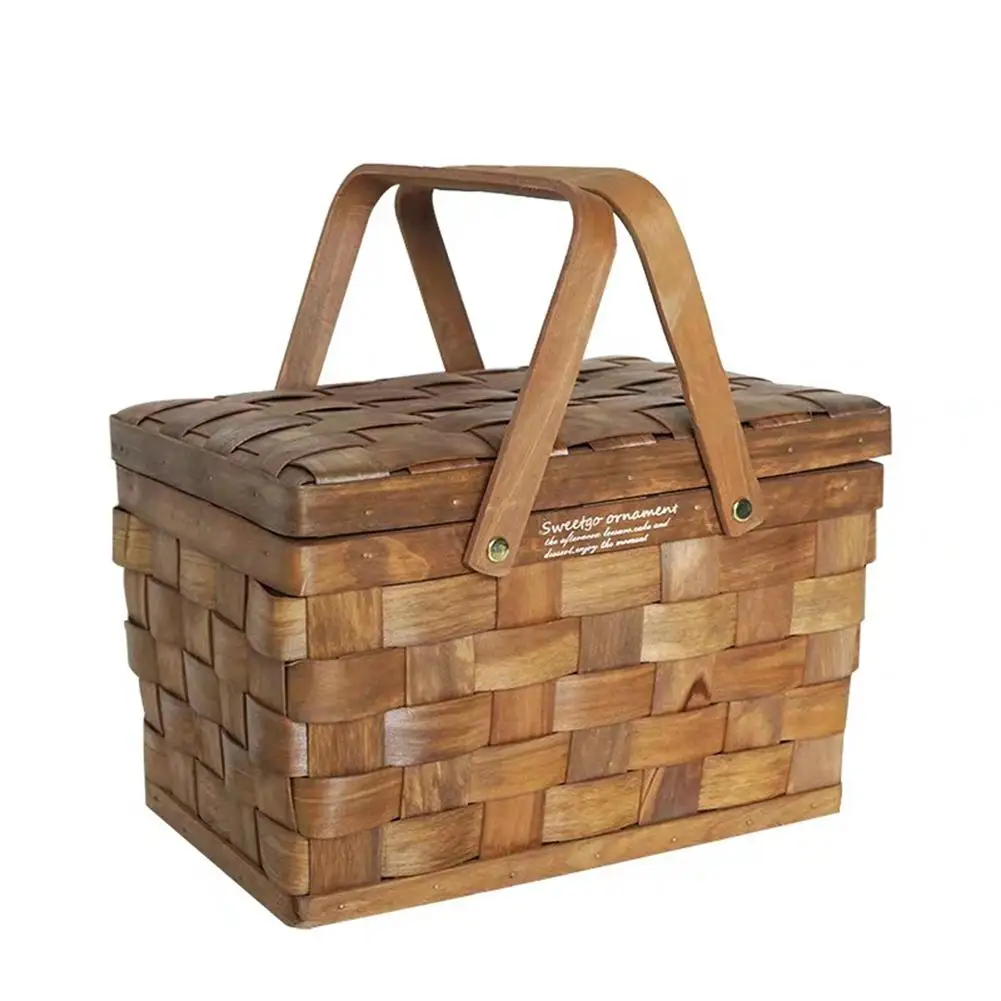 Портативная ручная деревянная корзина для хранения корзинки для фруктов с крышкой для дома кемпинга пикника - Цвет: brown