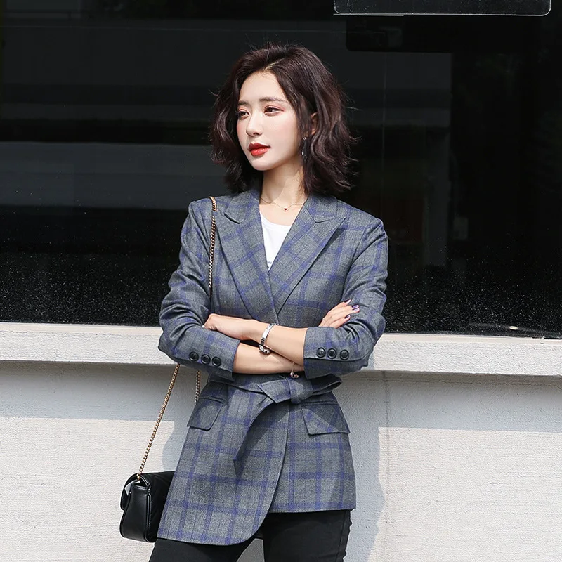 

Europe And America Plaid Suit Jacket Women's Sense of Design Non-mainstream Retro Hong Kong Style Korean-style British Style Sui