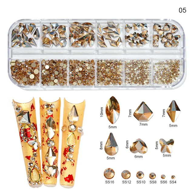 12Gird Box Multi Size AB/Colorful Hotfix Rhinestones Flatback Crystal Diamond Gems 3D Glitter Nail Art Luxurious Decorations &*& 5
