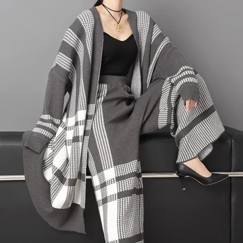 

LANMREM High Quality Two Pieces Pants Set For Women 2020 New Fashion Grey Plaid Knit Cardigans Coat + Loose Wide Leg Pants YH142