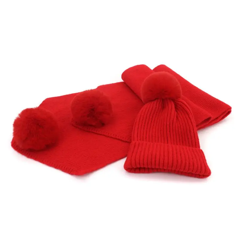 Children Red 2 шт./компл. для взрослых и детей зимние вязаные из искусственной шерсти с пушистым помпоном шапка длинный шарф набор - Цвет: Children Red