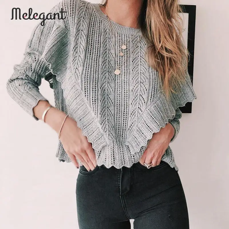Melegant Knitted Sweaters 2019 Fashion Hollow Out Crochet Pullovers Women Autumn Winter Female Ruffles Long Sleeve Jumpers Tops