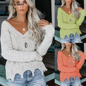 

2019 Fashion Tassels Sweaters Women Long Sleeve V-Neck Loose Pullovers Solid Color Casual Female Knitwear Sexy Knitted Pullovers