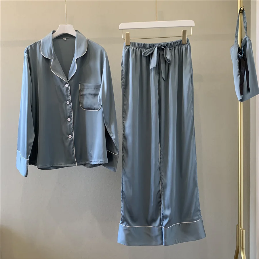 Grey blue Осень Зима Новая женская пижама с длинным рукавом ледяной шелк набор атласная мягкая модная Пижама - Цвет: Grey blue