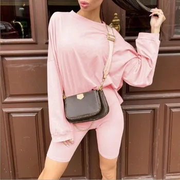 

Fitness Women Two Pieces Set Autumn Loose Long Sleeve O Neck Women Solid Pajama Set Short Tracksuit Female Sport Suits Plus Size