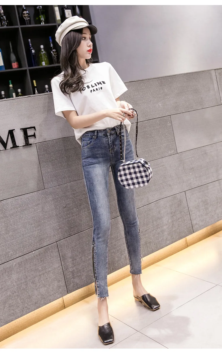 Онлайн джинсы знаменитостей женские с высокой талией стройнящие Весенние новые стильные Капри короткие на молнии обтягивающие брюки Студенческие Брюки