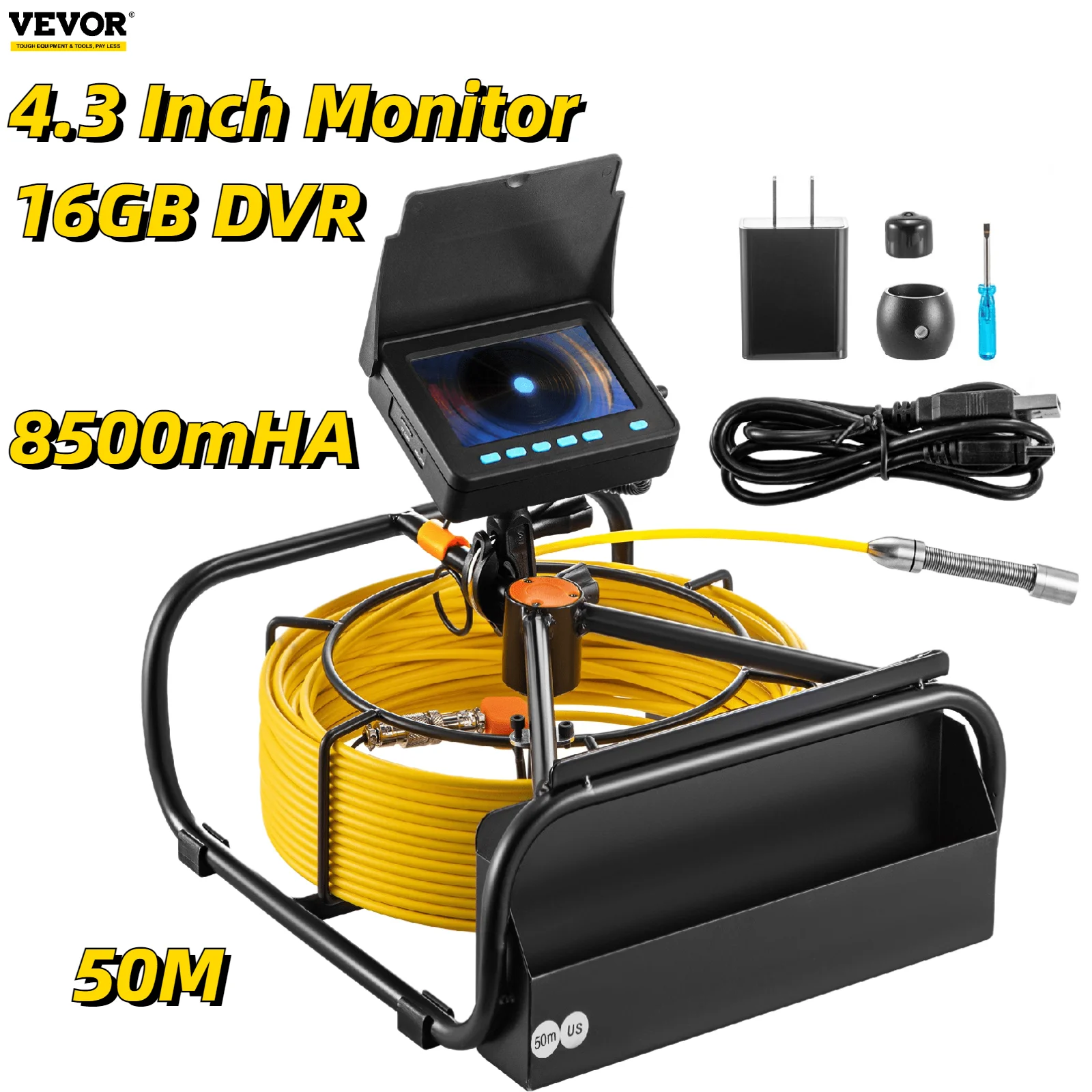 VEVOR Pipe Inspection Camera with DVR 16GB Micro SD Card 4.3in Monitor IP68 8500mHA Battery Sewer Drain Industrial Endoscope 50M cctv monitoring