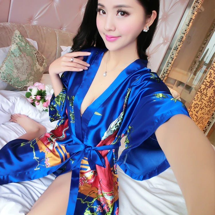 

Print Summer New Sleepwear Kimono Gown Bride Wedding Robe Mini Sexy Nightwear Home Clothing Casual Blue Bathrobe Nightgown