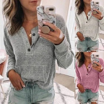 

Simple Women Button Deep V Neck Sweater Pullover Winter Slim Women Tops Solid Crochet Long-Sleeved Ladies Knitwear Jumper