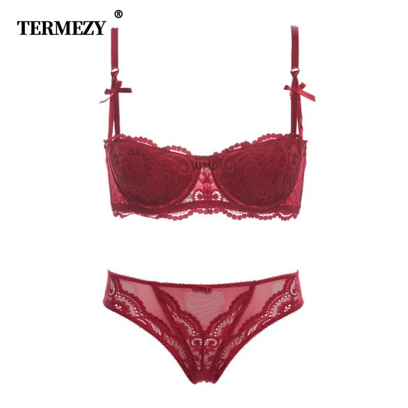 

Plus size women sexy bra set underwear intimates embroidery lace half cup lingerie thin temptation black and white bra and panty