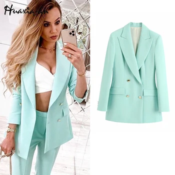 

Huaxiafan Women Blazers With Pockets Office Wear Double Breasted Slim Blazer Femme пиджак Za 2020 Women Veste Femme Outerwear