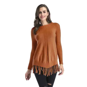 

Autumn Winter 2019 New Fashion Women Loose Pullover Knit Sweater Hedging Round Neck Outerwear Female Tassel Sweaters
