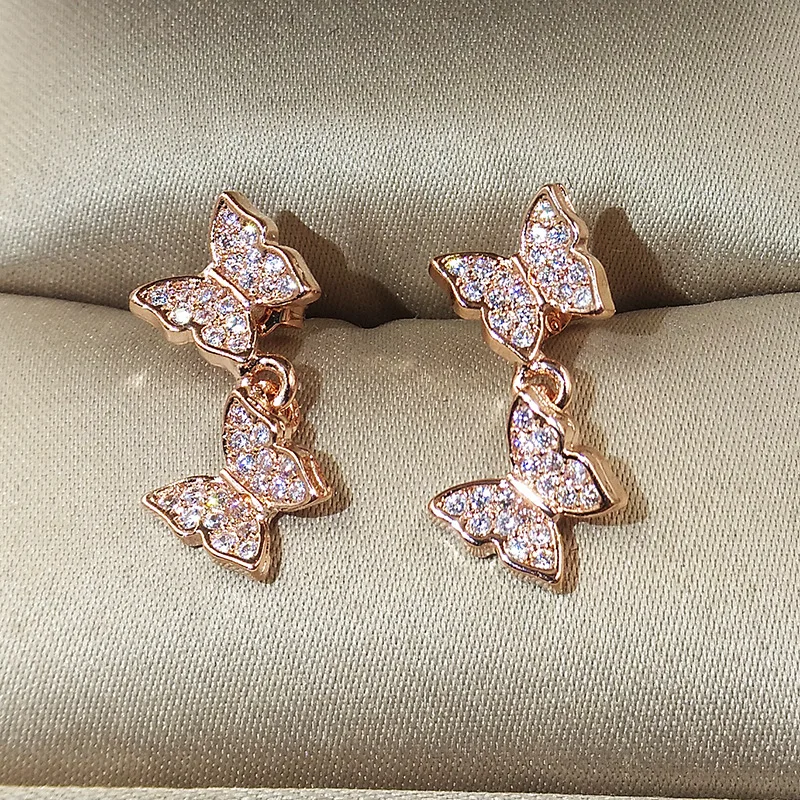 Серебряные, золотые, розовые, золотые, бабочки, милые серьги-гвоздики с циркониевым камнем для женщин, модные ювелирные изделия, новые корейские серьги