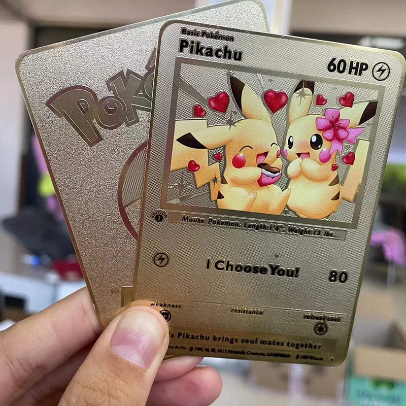 8.8*6.3cm Pokemon Gold card Pikachu Eevee 60HP I choose you Metal Card Collection toys for children | Игрушки и хобби