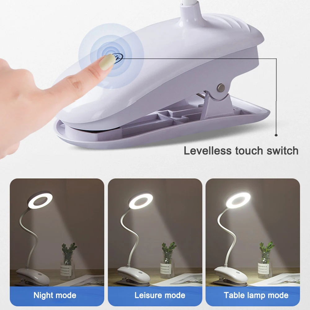 LED Table Lamp Touch On/off Switch 3 Modes Clip Desk Lamp 7000K Eye Protection Desk Light Dimmer Rechargeable USB Led Table Lamp