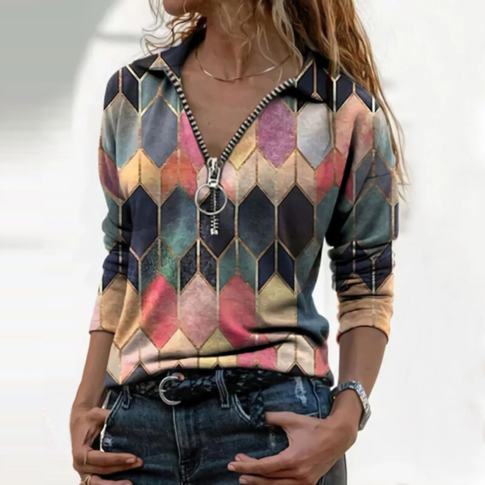 4 # cuello con cremallera de las mujeres camisas solapa impresión geométrica de la cremallera manga larga blusa mujer puente superior женские футболки camisa oversize