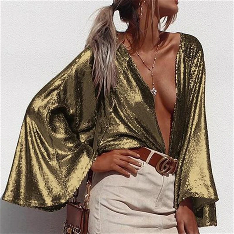 Women Blouses Sequin Womens Tops And Blouses Deep V Neck Blouse Fashion Ladies Shirt Cardigan Tops Female Blouse Shirt Top