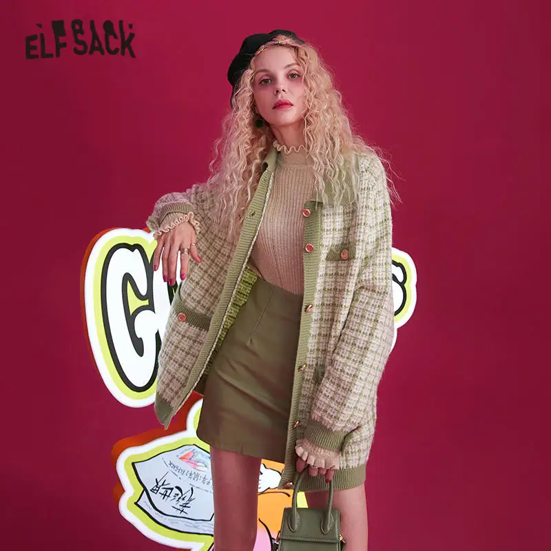 ELFSACK Green Plaid Pocket Casual Knit Cardigans Women Sweaters 2020 Winter White Korean Single Button Office Ladies Daily Tops |