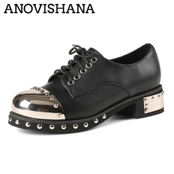 

ANOVISHANA Woman Spring Autumn Metal Flats Round Toe Square Heels Lace up Cross-tied rivets Large size 34-43 Casual A2805