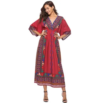 

chic printed abaya summer elastic waist short sleeve chiffon maxi dress kaftan ramadan gown moroccan kimono robe VKDR2172