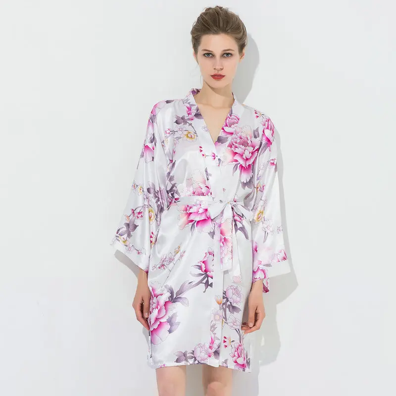YUXINBRIDAL халат халаты с цветочным принтом атласный шелк невесты халат атласный женские халаты Пижама банный халат длинный - Цвет: White
