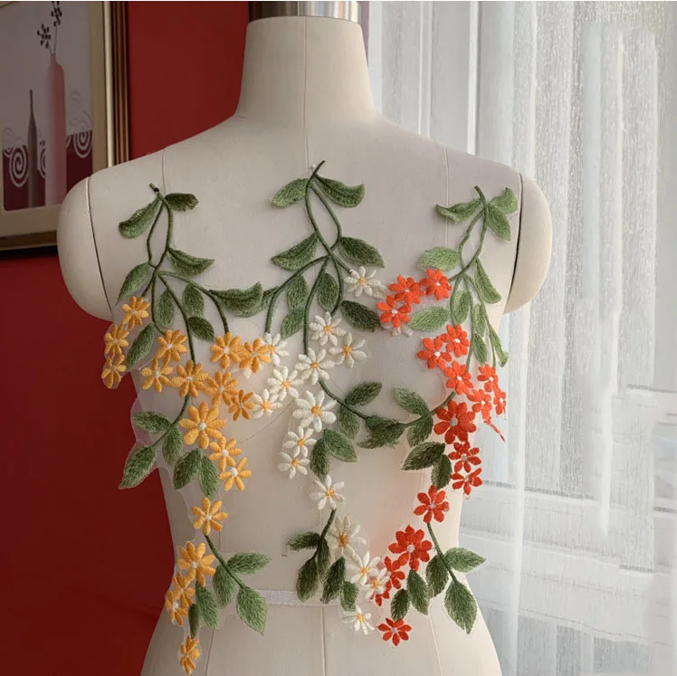 1 paar Große Größe 3 Farben Lange Daisy Blume Patch Bestickte Tuch Aufkleber Kleid Zubehör Nähen Auf Patch für Kleidung – Detail 4