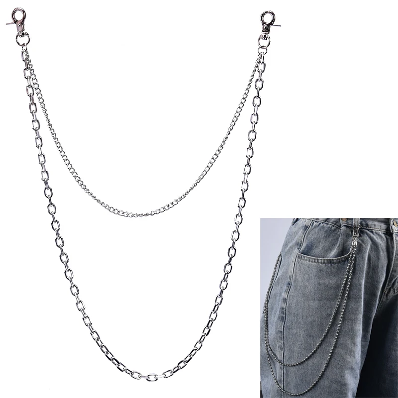 Street Ring Pendant Key Chain Metal Beads Wallet Chain Silver Rock HipHop Punk Hook Biker Pant Waist Link Belt Jewelry 2 Styles