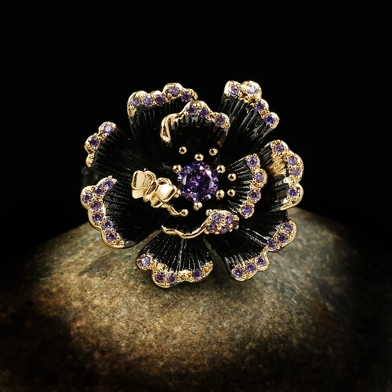 Exquisite Creative Blooming Flowers Stop Butterfly Ring Black Gold 925 Silver Jewelry Luxury Purple Shiny Zircon Ladies Ring silver ring,silver rings,rose flower ring,metal flower ring,enamel butterfly ring