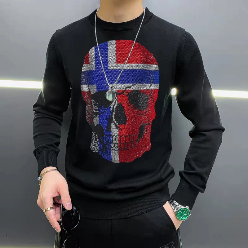 

European 2021 Autumn And Winter Brand Men's Sweater Skull Hot Diamond Warm Knit Casual Pullover Top Oversized