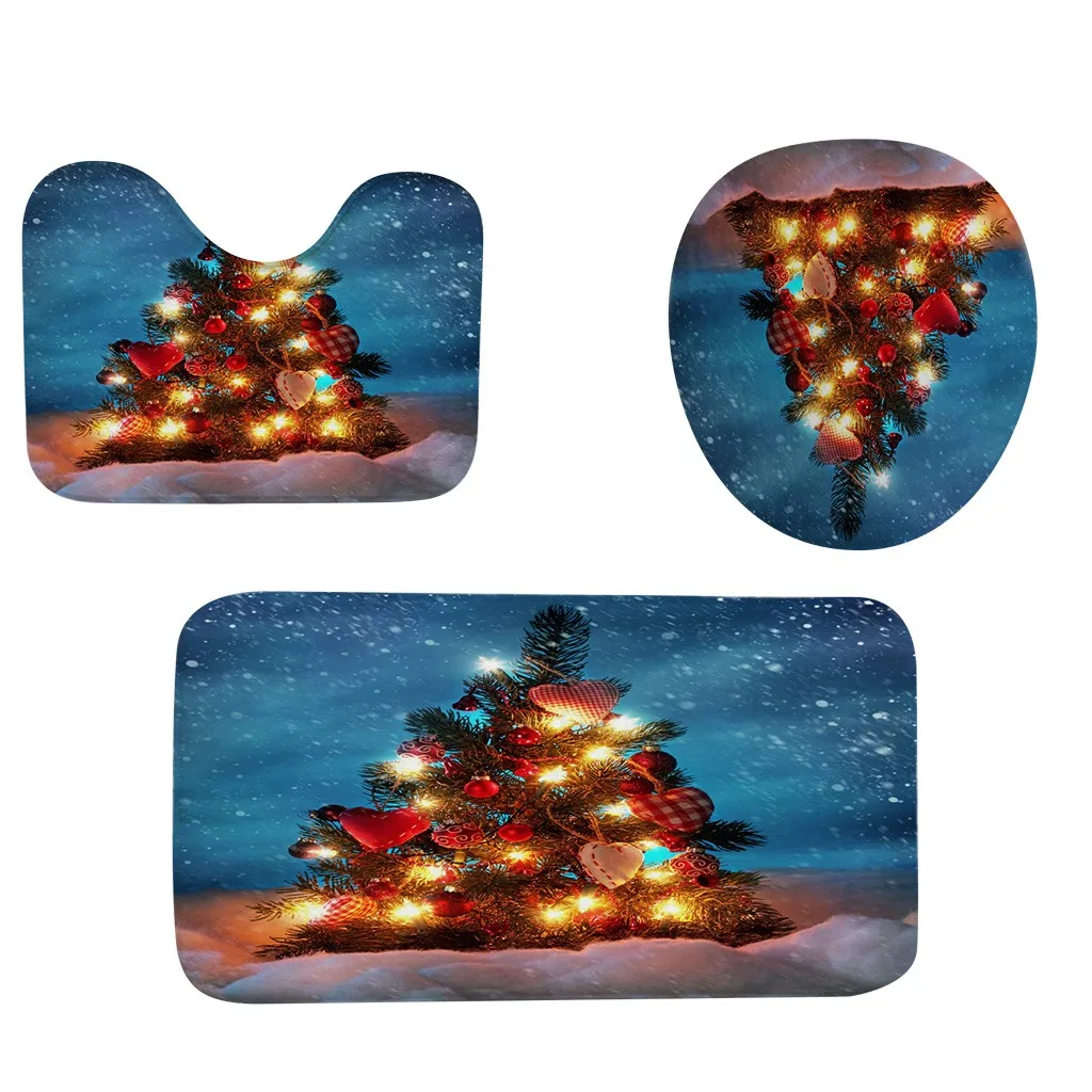 4Pcs Christmas shower Curtain Bathroom Anti-slip Carpet Rug Toilet Cover Mat Set Mat in Door mat Christmas Santa Claus Mat