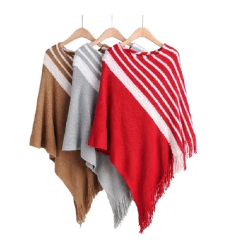 

Zoki Shawl Scarf Pullover Women Sweater Autumn Striped Tassel Knit Poncho Batwing Sleeve Female Cape Casual Oversize Korean Top