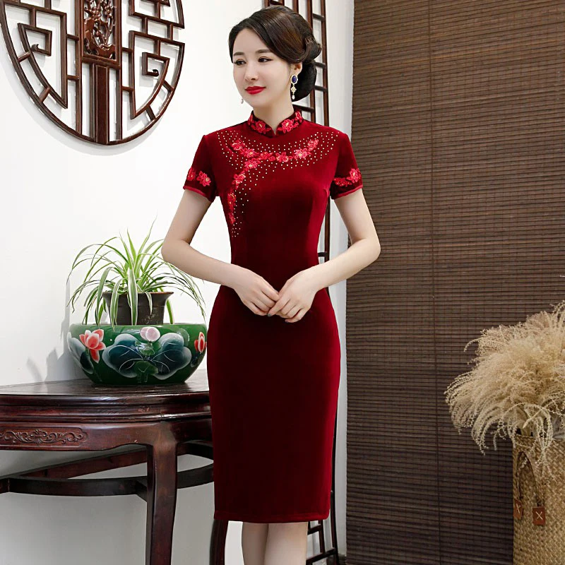 Велюровая вышивка цветок Cheongsam Винтаж китайский стиль короткий рукав до колена Qipao весенние женские тонкие Вечерние платья Vestido