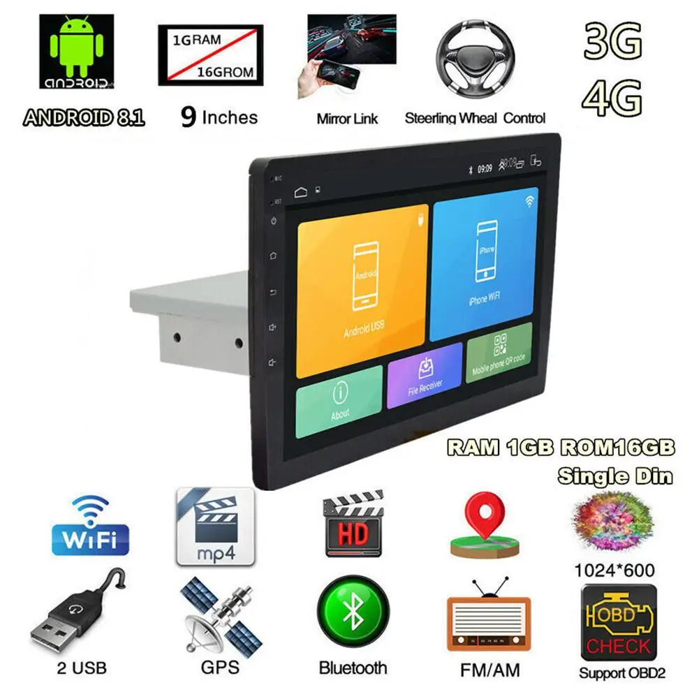 

9 Inch Single Din Android 8.1 Universal Car Stereo Radio Bluetooth GPS Multimedia Player Navigation WiFi Quad-Core 1G+16G
