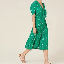 Топ Версия французский стиль зеленый цветочный принт V шеи короткий рукав Миди платье