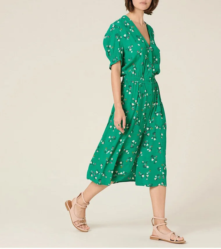 

Top Version French Style Green Floral Print V Neck Short Sleeve Midi Dress