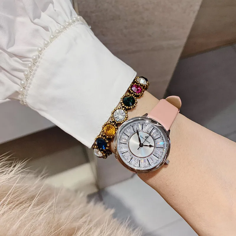 Silver Pink Минимализм Модные Простые циркониевые Кристаллы часы для женщин роскошный алмаз платье наручные часы водонепроницаемый натуральная кожа часы кварцевые - Цвет: Silver Pink