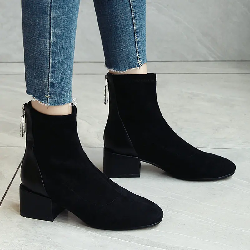 

2019 New Elegant Spring/Autumn Ladies Mid-Calf Boots Women's Round Toes Med Heels Crystal Zipper Shoes Woman Daily Dress Booties