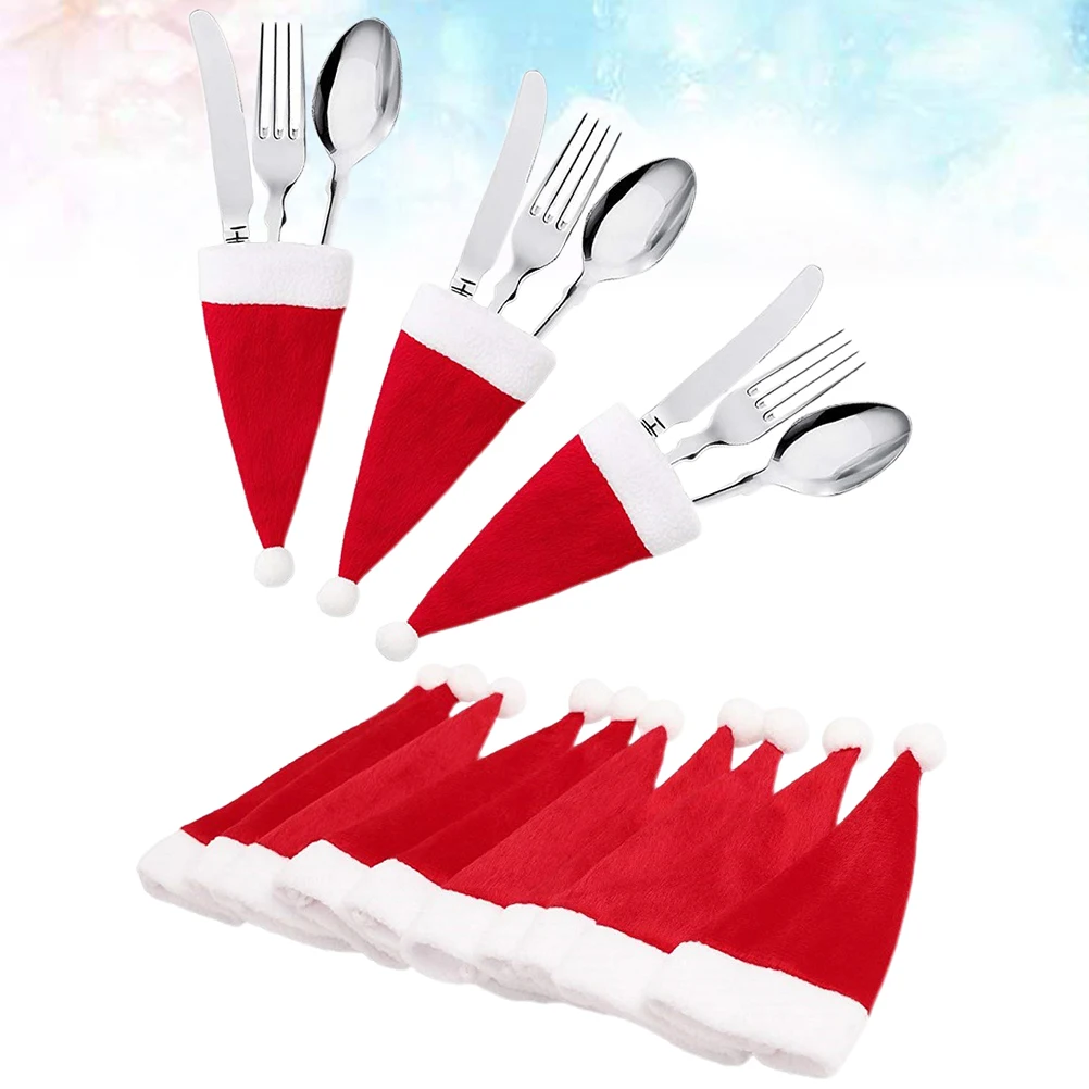 12PCS Mini Christmas Hat Portable Lovely Cutlery Pouch Forks Holder Cutlery Bags Silverware Bags for Decor Festival